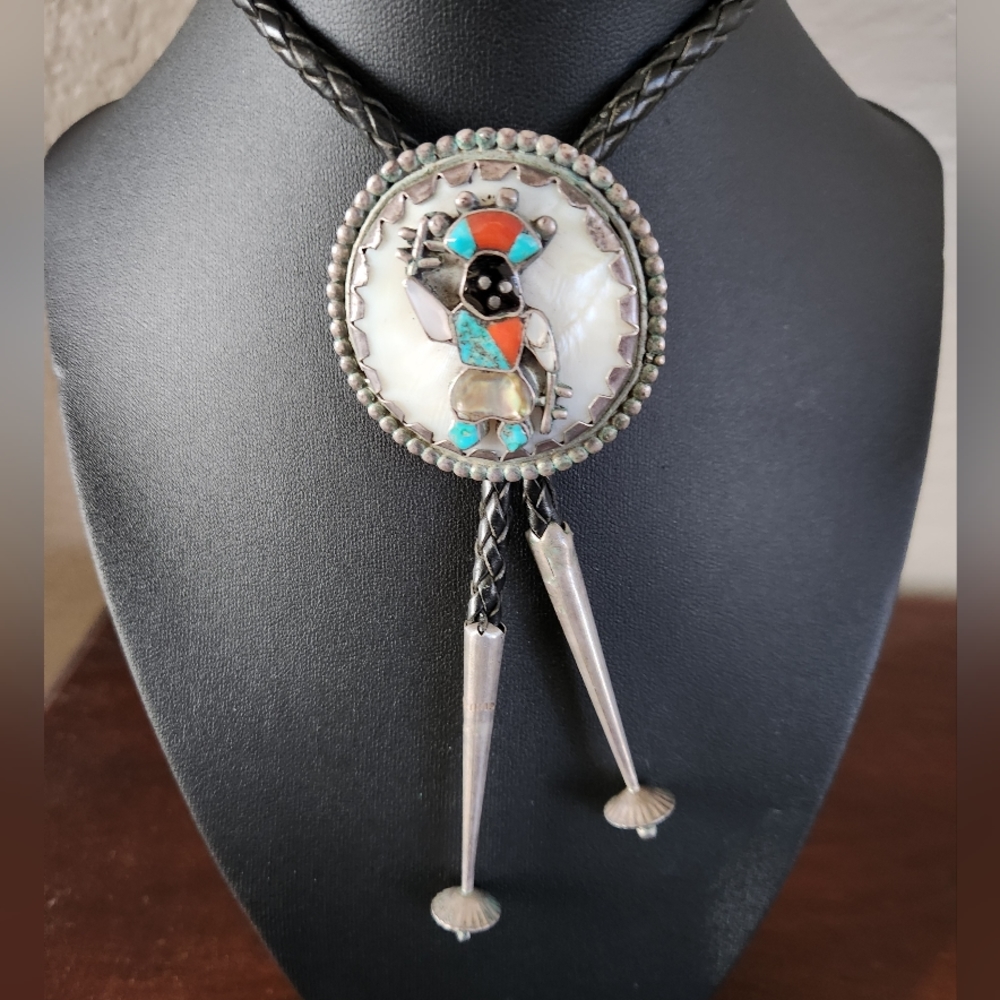 Vintage Zuni Apache Ga'an Ghost Crown Dancer Silver Bolo Tie EUC $465